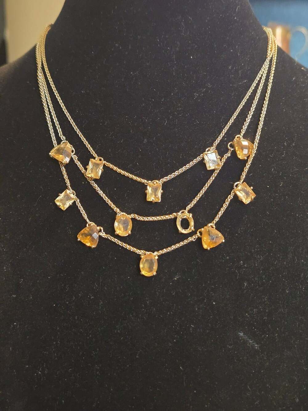 Monet Multi Strand Necklace 15.5 Inches Gold Tone Yellow Gemstone